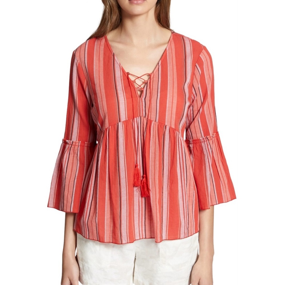 Sanctuary‎ Pink Red Tie Front Bohemian Blouse with Bell Sleeves Size Large